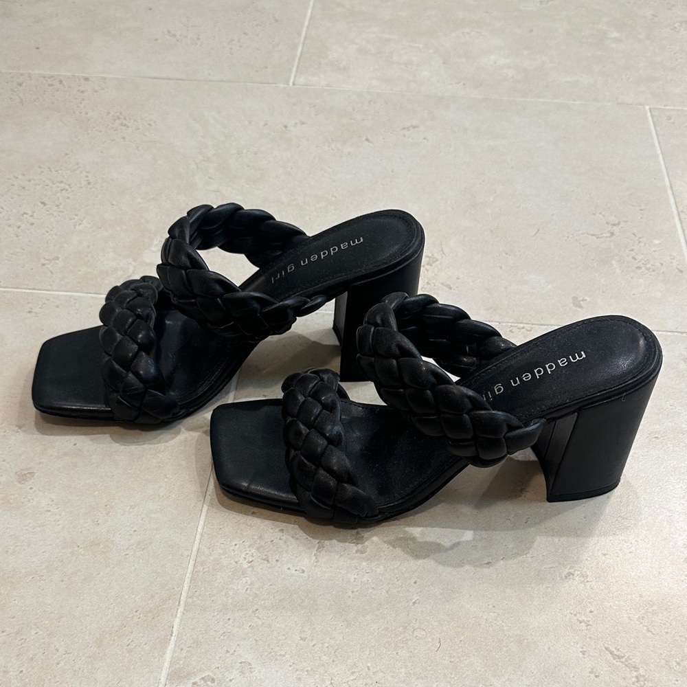 Madden Girl Black Braided Strap Block Heel Mules